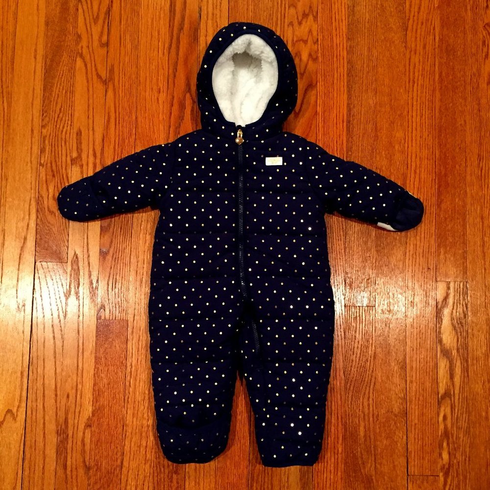 SZ 18 M - OSHKOSH Baby Girl PUFFER SNOWSUIT - Navy / Gold polka dot